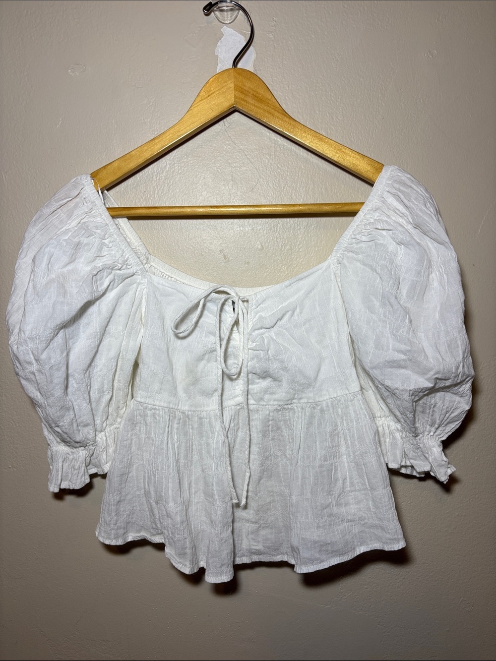 Zara White Puff Sleeve Tie-Front Peplum Blouse